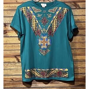 Vintage VISAGE Ladies Fashion Top Size M-L Colorful Graphics Rhinestones Beads
